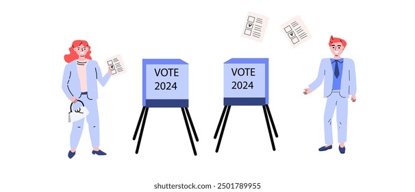 Set of election 2024 vector illustrations, people voting in USA. Election concept design. Can used for banner, poster, flyer.