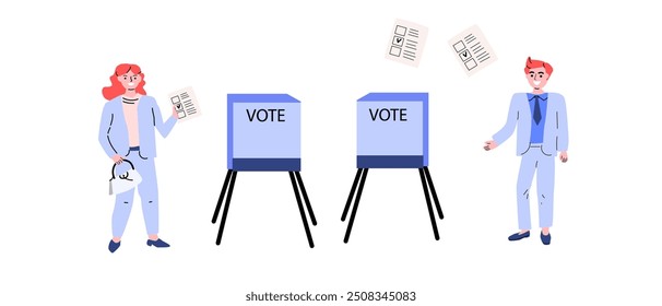 Conjunto de Ilustraciones vectoriales electorales de 2024, personas votando en Estados Unidos. Concepto de diseño electoral. Se puede utilizar para el Anuncio, cartel, volante.