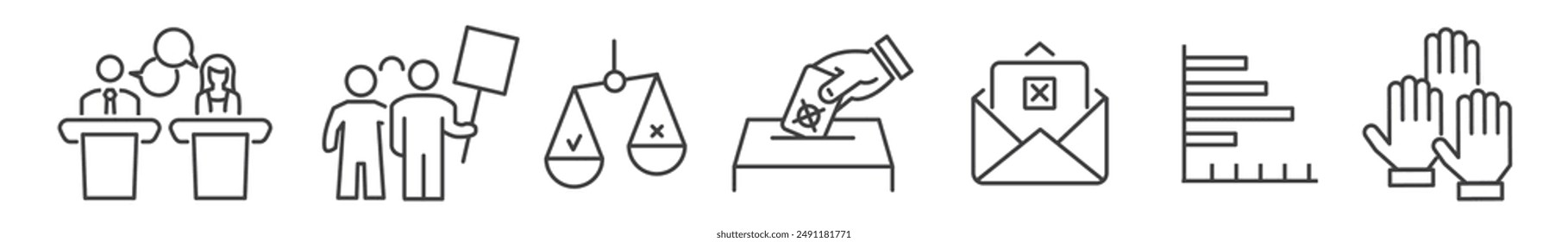 Set of election and voting related Vector Line Icons - ballot box, TV debate, candidacy, opinion formation, absentee vote outline web icon set on white background - Editable Stroke