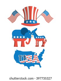 Set elections in America. Uncle Sam hat. American flag. Set political debate in United States. USA map. Donkey and elephant symbols of political parties. Democrats against Republicans