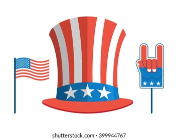 Set for elections in America. Uncle Sam hat. USA flag. political debate in United States.  Foam finger. National Patriotic Rock fingertips gesture
