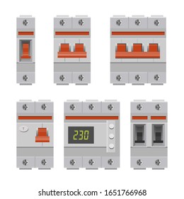 Set of electric automatic circuit breakers with residual current device and voltage relay. Vector illustration isolated on white background