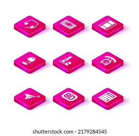 Set Electric bass guitar, 80s Retro, Floor lamp, Lipstick, Calculator, Telephone handset, Play Video and VHS video cassette tape icon. Vector