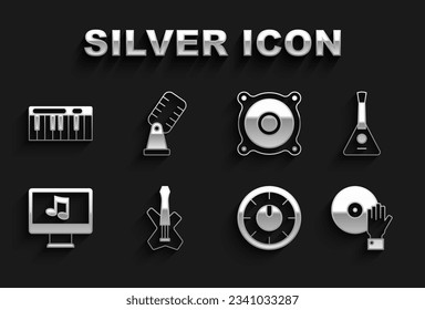 Set Electric bass guitar, Balalaika, DJ playing music, Sound mixer controller, Computer with note, Stereo speaker, Music synthesizer and Microphone icon. Vector