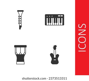 Set Electric bass guitar, Clarinet, African percussion drum and Music synthesizer icon. Vector