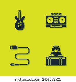 Set Electric bass guitar, DJ playing music, Audio jack and remote and mixing icon. Vector