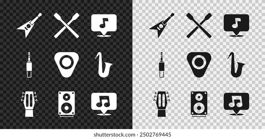 Set Electric bass guitar, Drum sticks, Music note, tone, Guitar, Stereo speaker, Audio jack and pick icon. Vector