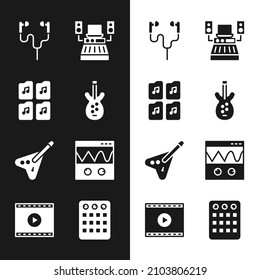 Set Electric bass guitar, Music file document, Air headphones, recording studio, Oscilloscope, Drum machine and Online play video icon. Vector