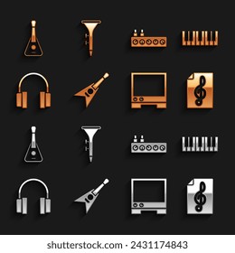 Set Electric bass guitar, Music synthesizer, Treble clef, Voice assistant, Headphones, Sound mixer controller, Guitar and Drum and drum sticks icon. Vector