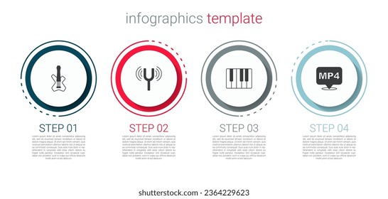 Set Electric bass guitar, Musical tuning fork, synthesizer and MP4 file document. Business infographic template. Vector