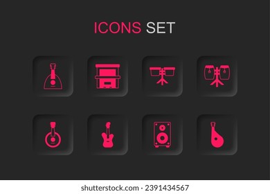 Set Electric bass guitar, Piano, Balalaika, Stereo speaker, Conga drums, Bandura, Bongo and Banjo icon. Vector