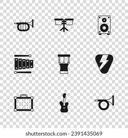 Set Electric bass guitar, Guitar pick, Trumpet, African percussion drum, Stereo speaker, Bongo and Xylophone icon. Vector