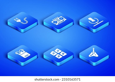 Set Electric bass guitar, plug, Music file document, Air headphones in box, DJ remote and mixing music and Microphone icon. Vector