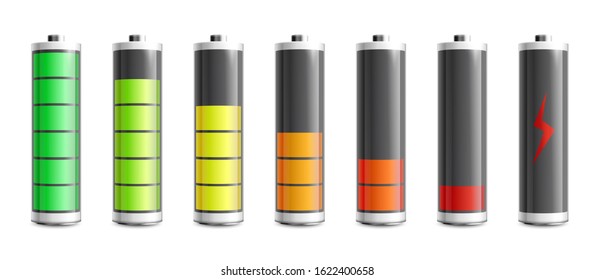 Set of electric batteries or chargers with different power level indicator, realistic vector illustration mockup isolated on white background. Energy level element.