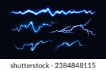 Set of Electric Blue Thunderbolt Illustration. Vector Neon Flash of Lightning. Spark Bolt on Dark Background