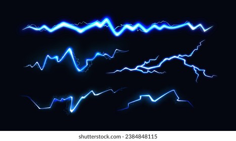 Set of Electric Blue Thunderbolt Illustration. Vector Neon Flash of Lightning. Spark Bolt on Dark Background