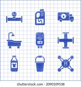 Set Electric boiler, Bucket, Water tap, Industry metallic pipe, Bottle for cleaning agent, Bathtub, Plumber service car and and manometer icon. Vector