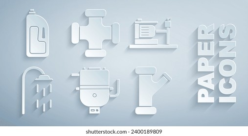 Set Electric boiler for heating water, pump, Shower, Industry metallic pipe,  and Container with drain cleaner icon. Vector