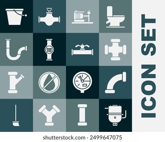 Set Electric boiler for heating water, Industry metallic pipe, pump, Water meter, Bucket and and valve icon. Vector