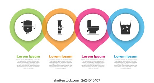 Set Electric boiler for heating water, Industry pipe and valve, Toilet bowl and Glass with water. Business infographic template. Vector