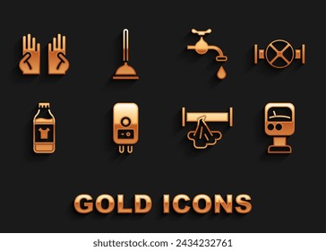 Set Electric boiler, Industry pipe and valve, Pressure water meter, Broken, Bottle for cleaning agent, Water tap, Rubber gloves and plunger icon. Vector
