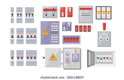 Set Electric Breaker Switchbox Electricity and Energy Equipment Red Buttons, Contact-breaker Isolated on White Background. Power Control, Switchboard Panel with Turners. Cartoon Vector Illustration