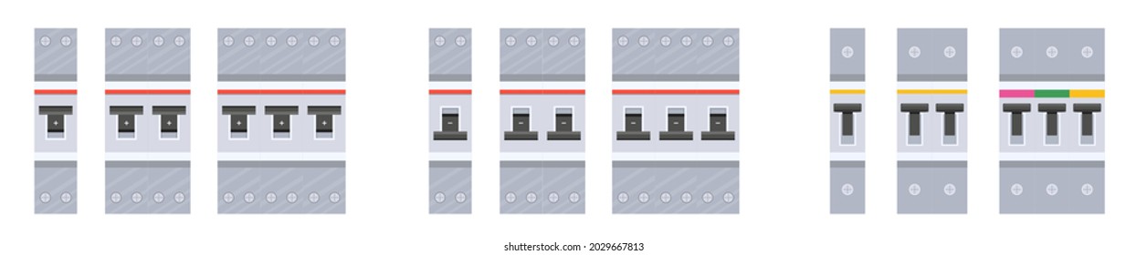 Set Electric Breaker Switchbox Isolated on White Background. Power Control, Switchboard Panel On and Off Turners, Electricity and Energy Equipment, Technical Voltage Items. Cartoon Vector Illustration