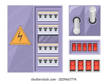 Set Electric Breaker Switchbox with Warning Sign and Red Buttons Isolated on White Background. Power Station Control, Switchboard Panel with Turners, Technician Equipment. Cartoon Vector Illustration