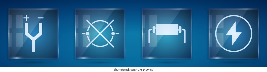 Set Electric cable, Electric circuit scheme, Resistor electricity and Lightning bolt. Square glass panels. Vector