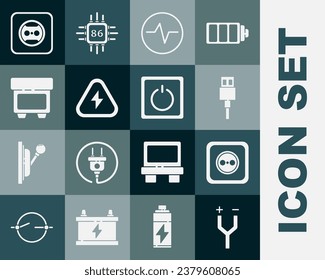 Elektrisches Kabel, elektrische Steckdose, USB-Kabel, Stromkreis-Schema, Hochspannung, Sicherung und Lichtschalter-Symbol einstellen. Vektorgrafik