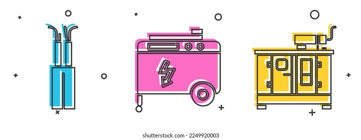 Set Electric cable, Portable power electric generator and Diesel power generator icon. Vector