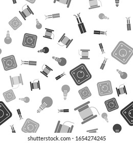 Set Electric cable, Wire electric cable on a reel or drum, Electric light switch and Light bulb with concept of idea on seamless pattern. Vector