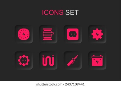 Set Electric cable, Wire electric on reel, Lightning bolt, Soldering iron, Gear and lightning, Car battery, Electrical outlet and  icon. Vector