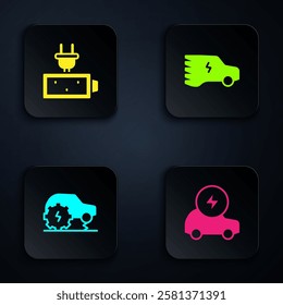 Set Electric car, Battery charge, service and . Black square button. Vector