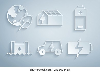 Set Electric car, Battery, Hydroelectric dam, Solar energy panel and Earth globe and leaf icon. Vector