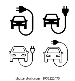 Set Of Electric Car With Charging Cable Icon Signs. 