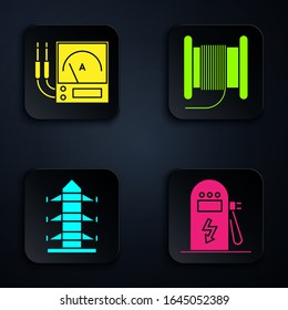 Set Electric car charging station, Ampere meter, multimeter, voltmeter, High voltage power pole line and Wire electric cable on a reel or drum. Black square button. Vector
