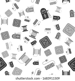 Set Electric car charging station, Electric extension cord, Electrical outlet in the USA and Wire electric cable on a reel or drum on seamless pattern. Vector