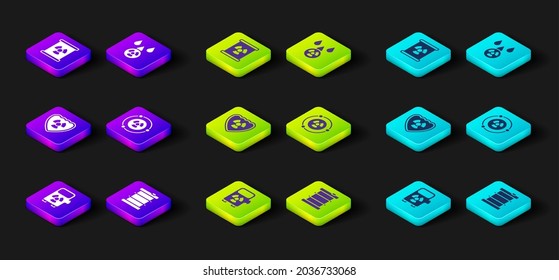 Set Electric car charging station, Radioactive waste barrel, shield, Acid rain and radioactive cloud and  icon. Vector