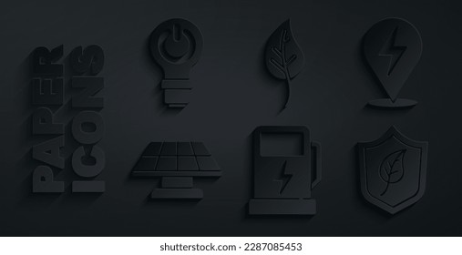 Set Electric car charging station, Lightning bolt, Solar energy panel, Shield with leaf, Leaf or leaves and bulb lightning icon. Vector