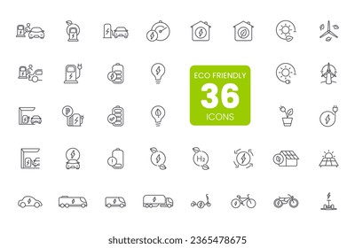 Set of electric, car charging station related vector line icons. contains such Icons as charging, electric socket station, car plugged to charge, battery and more.