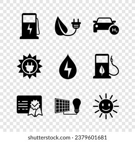 Set Electric car charging station, saving plug leaf, Hydrogen, Certificate template, Solar energy panel and light bulb, Cute sun with smile,  and Water icon. Vector