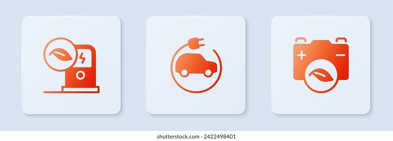 Set Electric car, charging station and Eco nature leaf battery. White square button. Vector