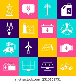 Elektrisches Fahrzeug, Prüfmotor, Windturbine, Turm, Kernkraftwerk, Stecker und Auto-Akku Symbol. Vektorgrafik