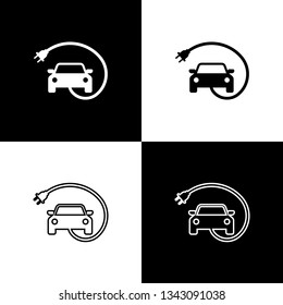 Set Electric car and electrical cable plug charging icons isolated on black and white background. Renewable eco technologies. Line, outline and linear icon. Vector Illustration