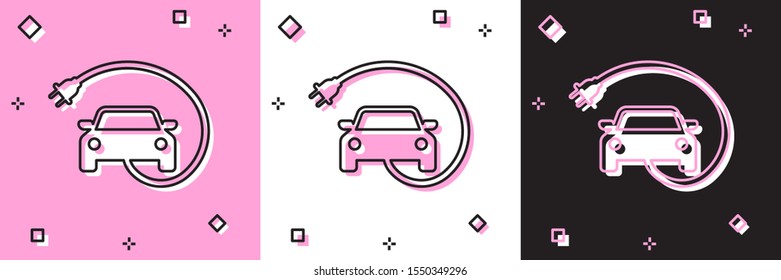 Set Electric car and electrical cable plug charging icon isolated on pink and white, black background. Renewable eco technologies.  Vector Illustration