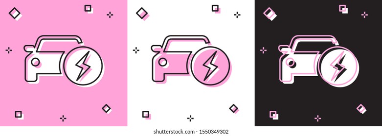 Set Electric car and electrical cable plug charging icon isolated on pink and white, black background. Renewable eco technologies.  Vector Illustration