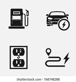 Set of electric car, electrical charging station and other related symbols flat vector icon.