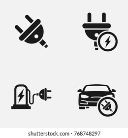 Set of electric car, electrical charging station and other related symbols flat vector icons.