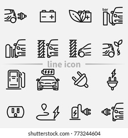 Set of electric car, electrical charging station, car wash and other related symbols. Flat outline vector icon.